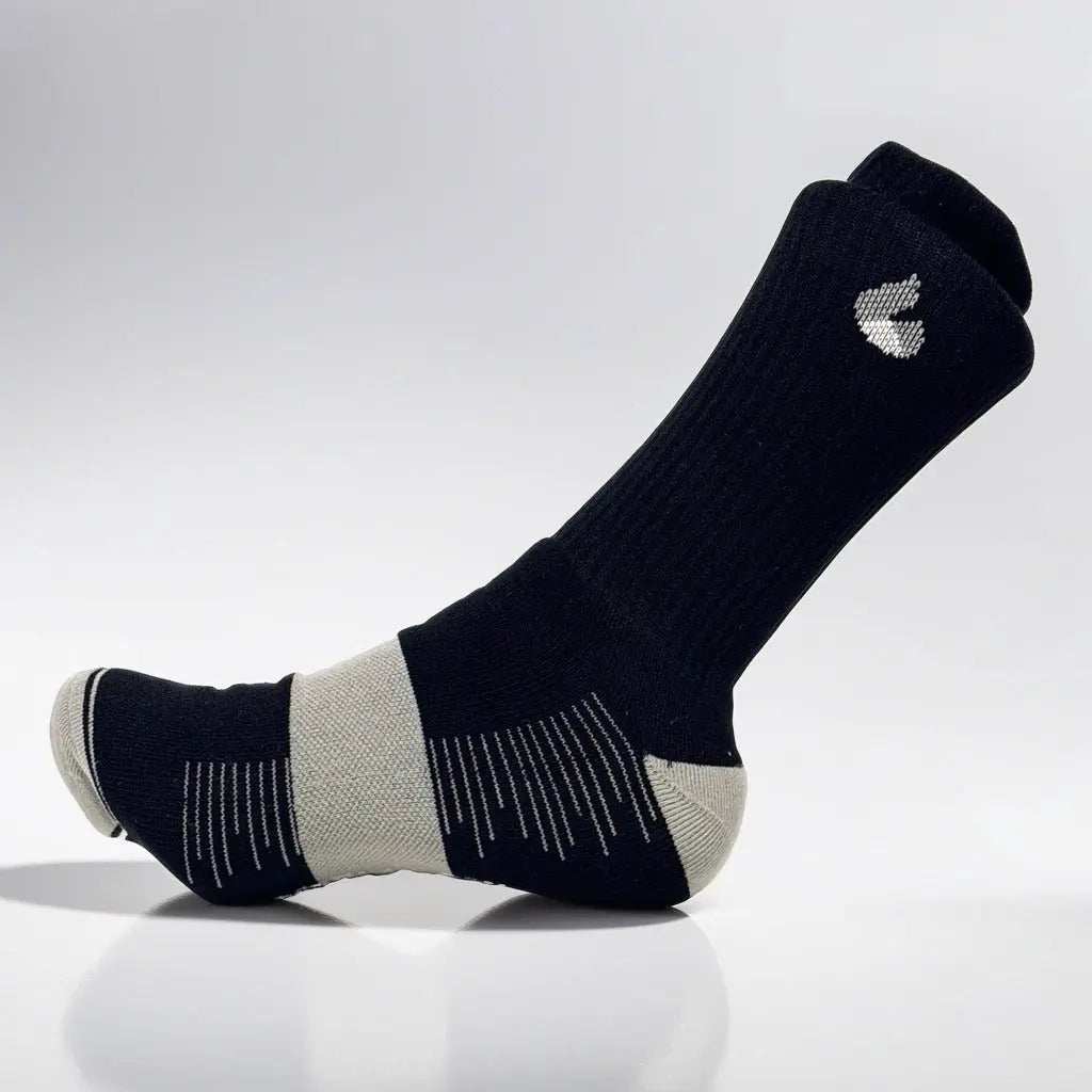 Black and grey crew tennis socks offering performance and comfort for summer.
