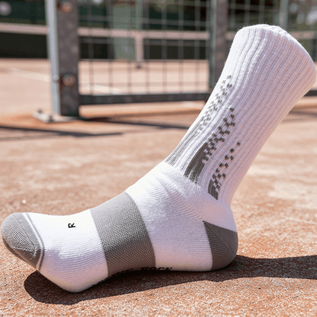 White and grey crew padel socks with grip and cushioning for athletic performance